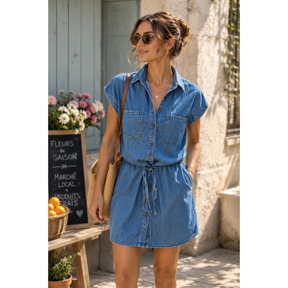 PAIGE Dresses & Skirts - PAIGE Flyer Denim Short Sleeve Drawstring Waist Mini Shirtdress Size M